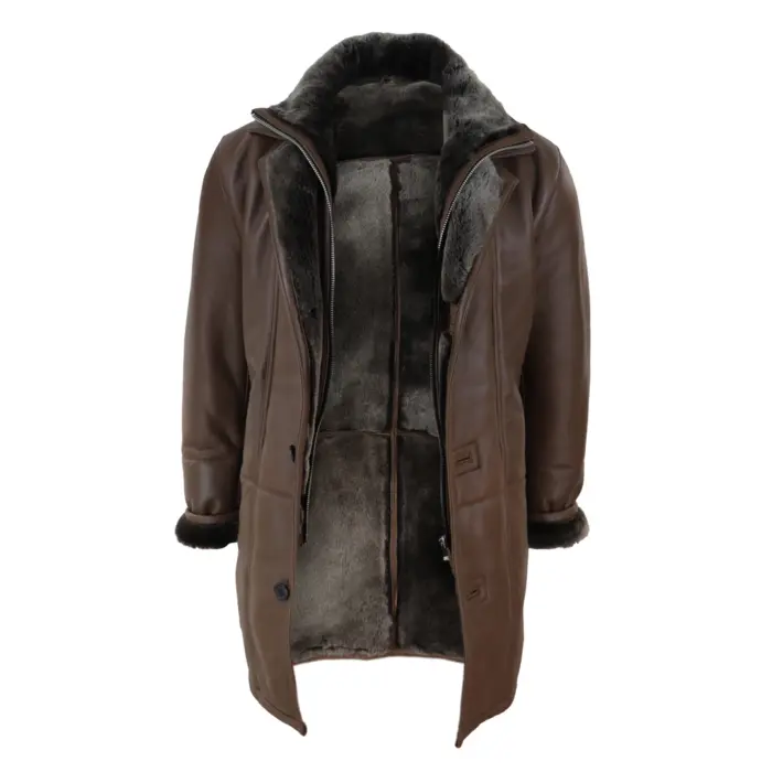 Mens 3/4 Duffle Jacket Real Sheepskin Long Smart Casual Button Zip Warm - Image 9