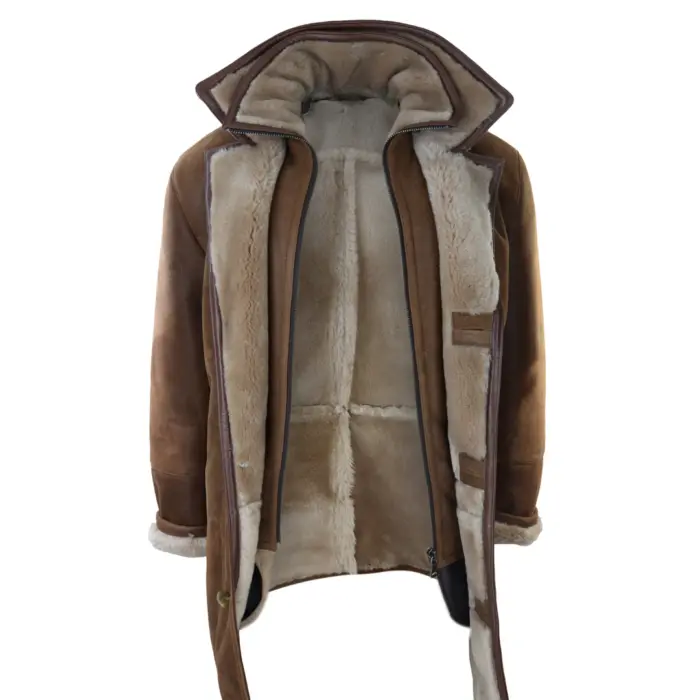 Mens 3/4 Duffle Jacket Real Sheepskin Long Smart Casual Button Zip Warm Coat - Image 2