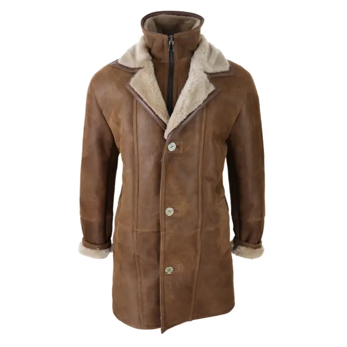 Mens 3/4 Duffle Jacket Real Sheepskin Long Smart Casual Button Zip Warm Coat - Image 5