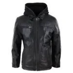 Mens Black Hoodie Real Leather Jacket Casual Removable Hood Zip Napa