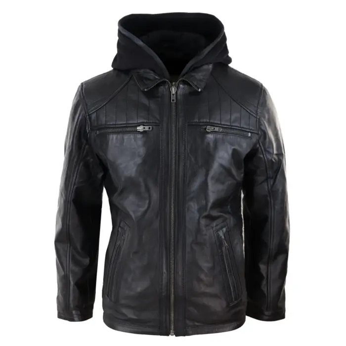 Mens Black Hoodie Real Leather Jacket Casual Removable Hood Zip Napa - Image 1