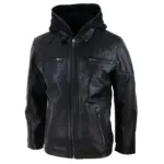 Mens Black Hoodie Real Leather Jacket Casual Removable Hood Zip Napa - Image 2