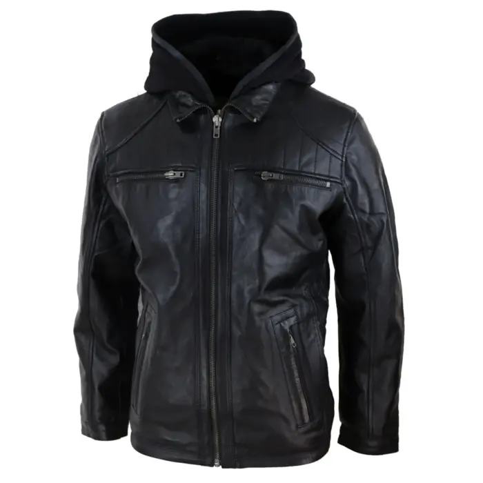 Mens Black Hoodie Real Leather Jacket Casual Removable Hood Zip Napa - Image 2