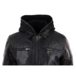 Mens Black Hoodie Real Leather Jacket Casual Removable Hood Zip Napa - Image 6