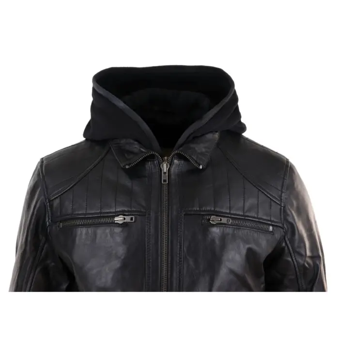 Mens Black Hoodie Real Leather Jacket Casual Removable Hood Zip Napa - Image 6