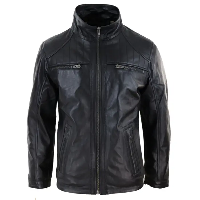 Mens Black Hoodie Real Leather Jacket Casual Removable Hood Zip Napa - Image 5