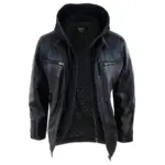 Mens Black Hoodie Real Leather Jacket Casual Removable Hood Zip Napa - Image 4