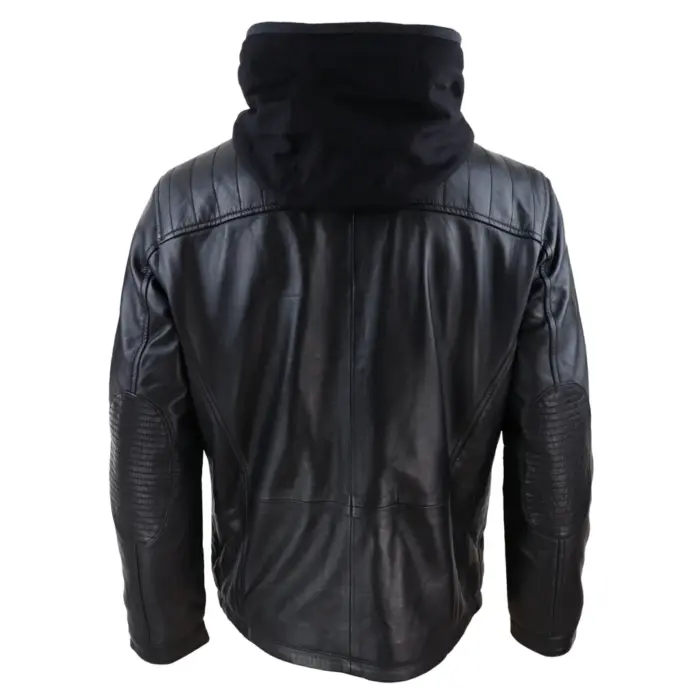 Mens Black Hoodie Real Leather Jacket Casual Removable Hood Zip Napa - Image 3