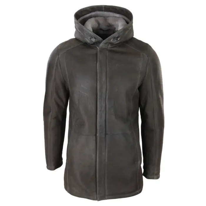 Mens 3/4 Brown Soft Sheepskin Hood Jacket Genuine 3/4 Coat Classic Warm Winter - Image 1