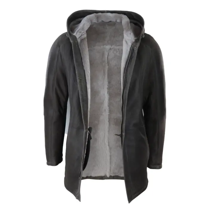 Mens 3/4 Brown Soft Sheepskin Hood Jacket Genuine 3/4 Coat Classic Warm Winter - Image 2
