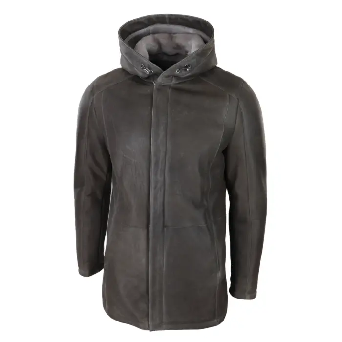 Mens 3/4 Brown Soft Sheepskin Hood Jacket Genuine 3/4 Coat Classic Warm Winter - Image 5