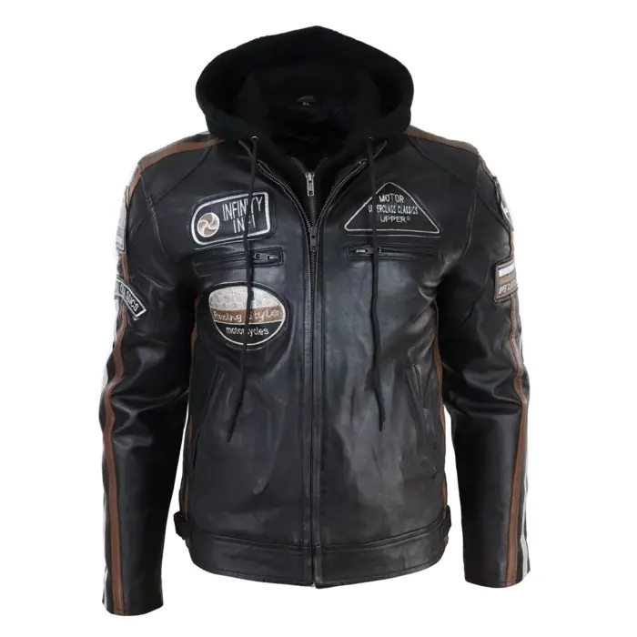 Men's Hooded Zipped Biker Leather Jacket | Infinity - Image 1