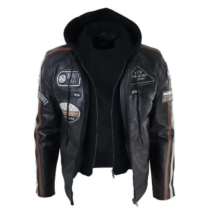 Men's Hooded Zipped Biker Leather Jacket | Infinity - Image 2