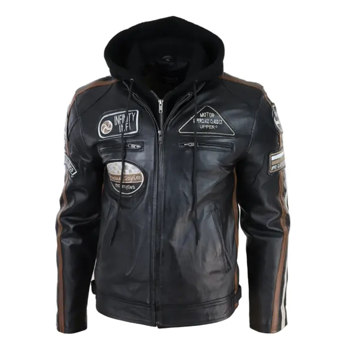 Men's Hooded Zipped Biker Leather Jacket | Infinity - Image 6