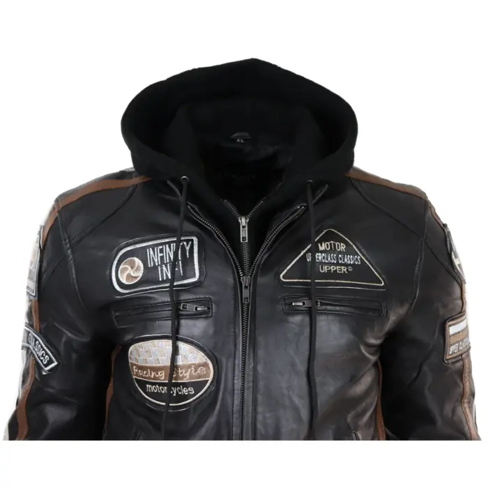 Men's Hooded Zipped Biker Leather Jacket | Infinity - Image 5