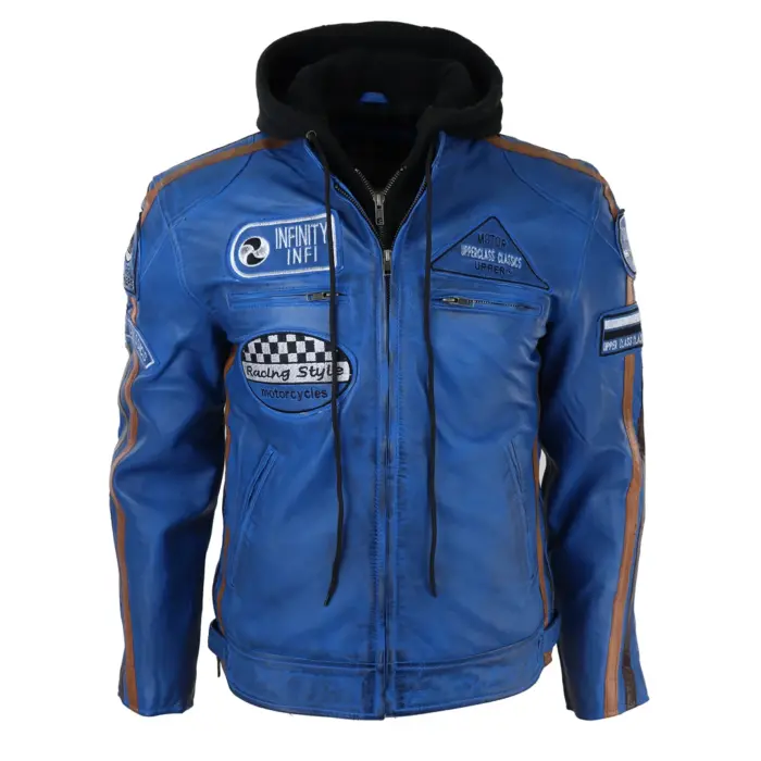Men's Hooded Zipped Biker Leather Jacket | Infinity - Image 7