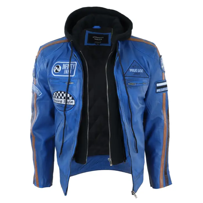 Men's Hooded Zipped Biker Leather Jacket | Infinity - Image 12