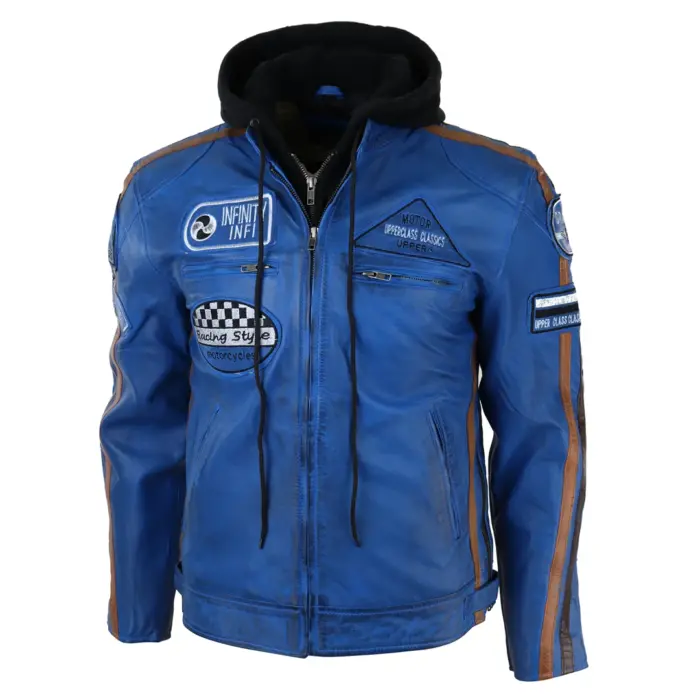 Men's Hooded Zipped Biker Leather Jacket | Infinity - Image 11