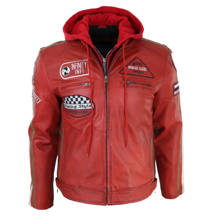 Men's Hooded Zipped Biker Leather Jacket | Infinity - Image 13