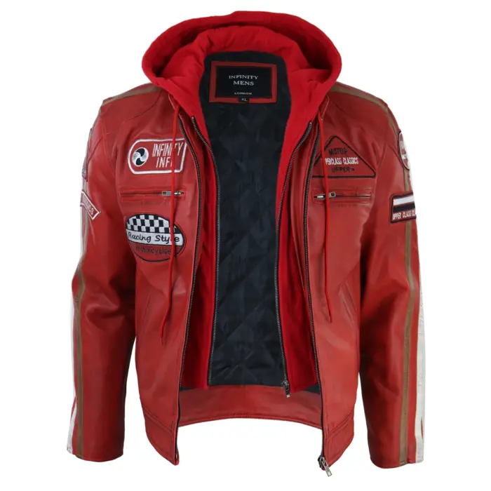 Men's Hooded Zipped Biker Leather Jacket | Infinity - Image 18