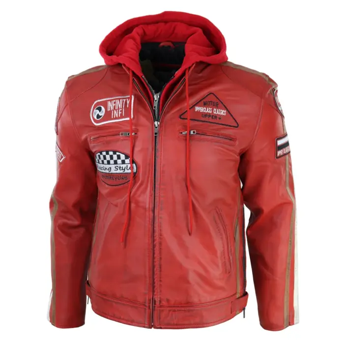 Men's Hooded Zipped Biker Leather Jacket | Infinity - Image 17