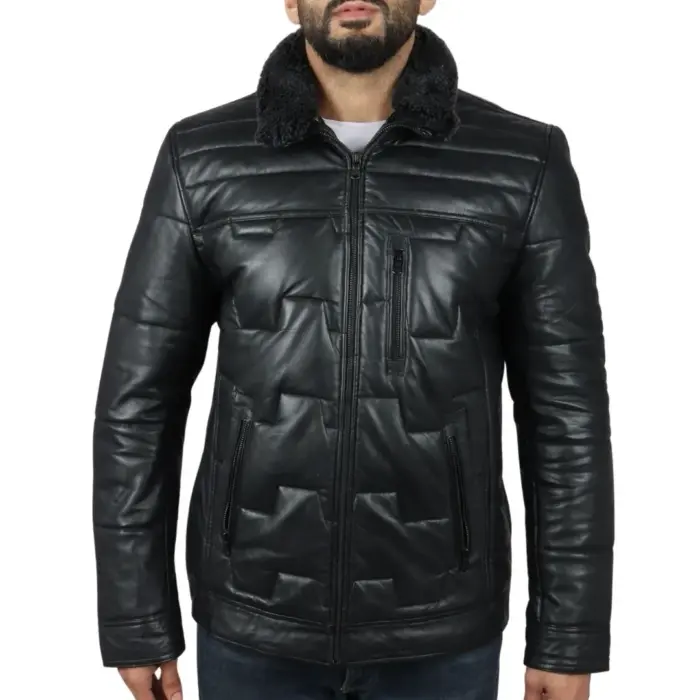 Men's Quilted Padded Real Leather Safari Parka Coat Jacket Fleece Collar - Image 1