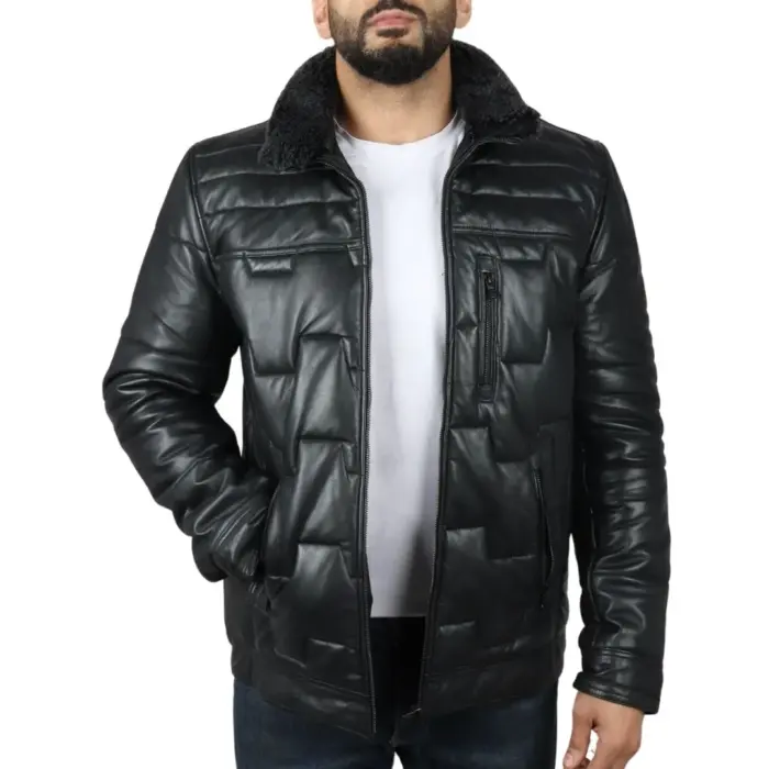 Men's Quilted Padded Real Leather Safari Parka Coat Jacket Fleece Collar - Image 2