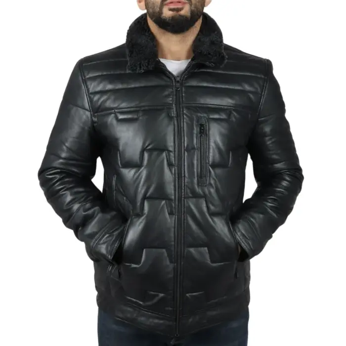 Men's Quilted Padded Real Leather Safari Parka Coat Jacket Fleece Collar - Image 8