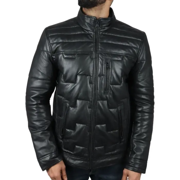 Men's Quilted Padded Real Leather Safari Parka Coat Jacket Fleece Collar - Image 7