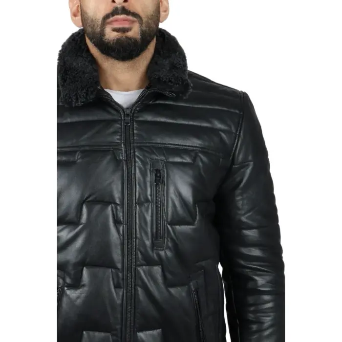 Men's Quilted Padded Real Leather Safari Parka Coat Jacket Fleece Collar - Image 6