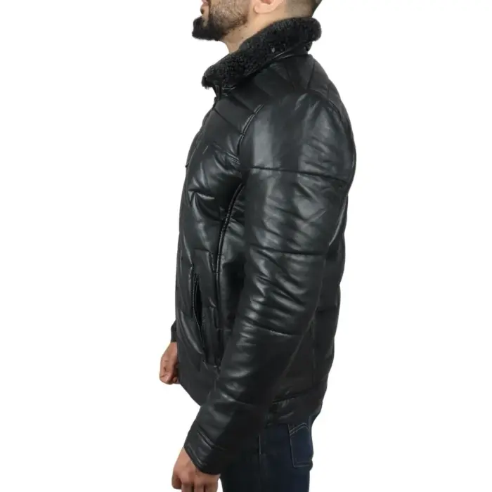 Men's Quilted Padded Real Leather Safari Parka Coat Jacket Fleece Collar - Image 5