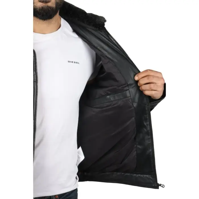 Men's Quilted Padded Real Leather Safari Parka Coat Jacket Fleece Collar - Image 4