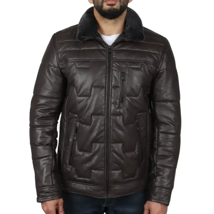 Men's Quilted Padded Real Leather Safari Parka Coat Jacket Fleece Collar - Image 9