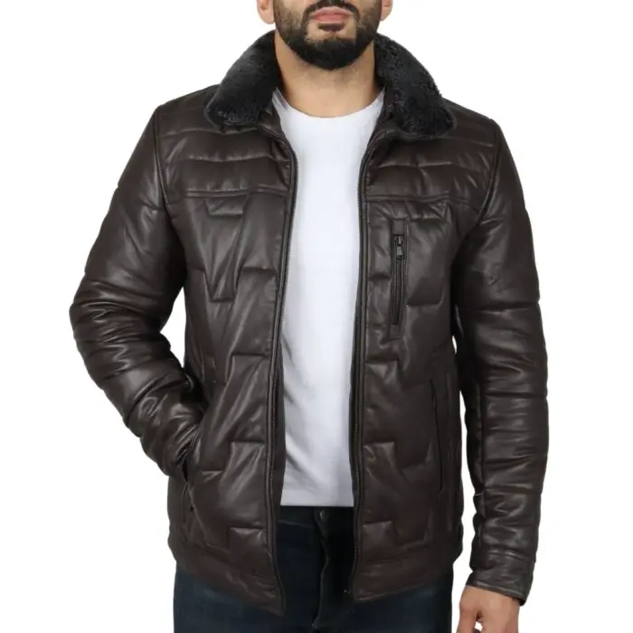 Men's Quilted Padded Real Leather Safari Parka Coat Jacket Fleece Collar - Image 16