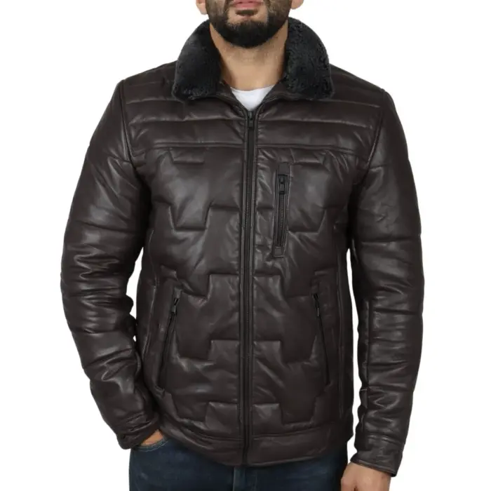 Men's Quilted Padded Real Leather Safari Parka Coat Jacket Fleece Collar - Image 15