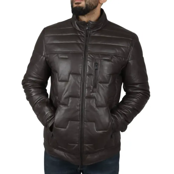 Men's Quilted Padded Real Leather Safari Parka Coat Jacket Fleece Collar - Image 14