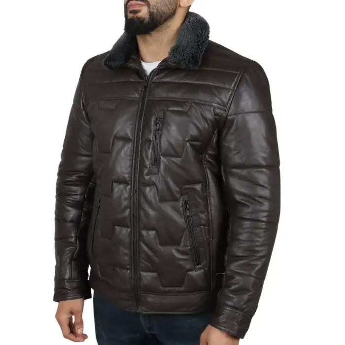 Men's Quilted Padded Real Leather Safari Parka Coat Jacket Fleece Collar - Image 13