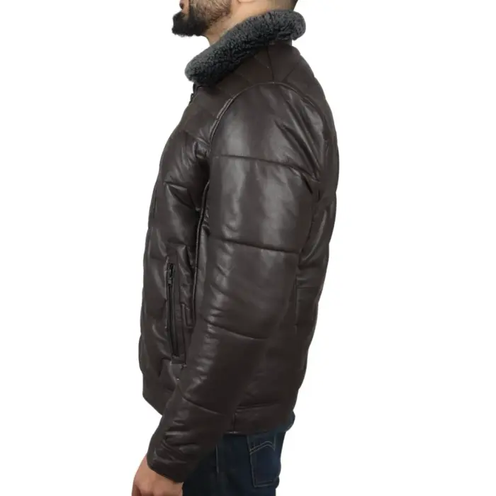 Men's Quilted Padded Real Leather Safari Parka Coat Jacket Fleece Collar - Image 12