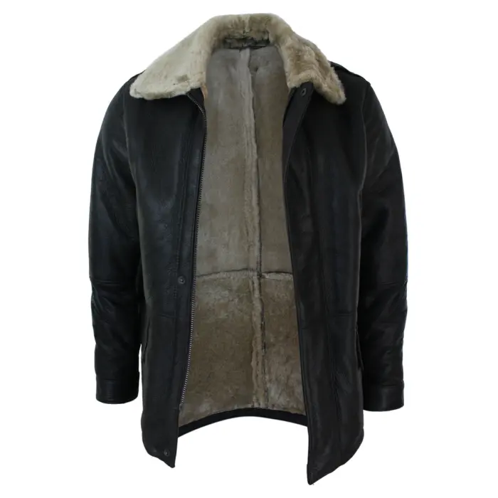Mens Real Shearling Sheepskin 3/4 Overcoat Brown Beige Fur Warm Winter - Image 3