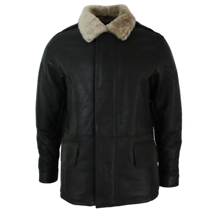 Mens Real Shearling Sheepskin 3/4 Overcoat Brown Beige Fur Warm Winter - Image 1