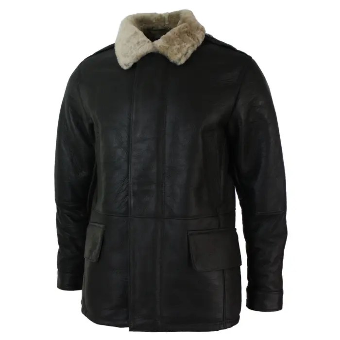 Mens Real Shearling Sheepskin 3/4 Overcoat Brown Beige Fur Warm Winter - Image 2