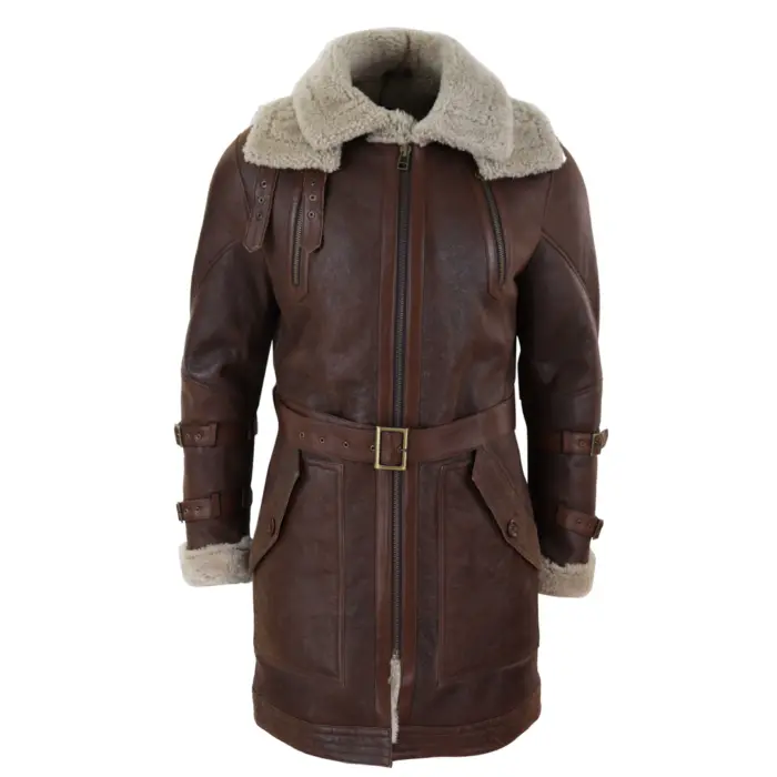 Mens Real 3/4 Shearling Sheepskin Jacket Brown Beige Long Belt Flying Cockpit - Image 1