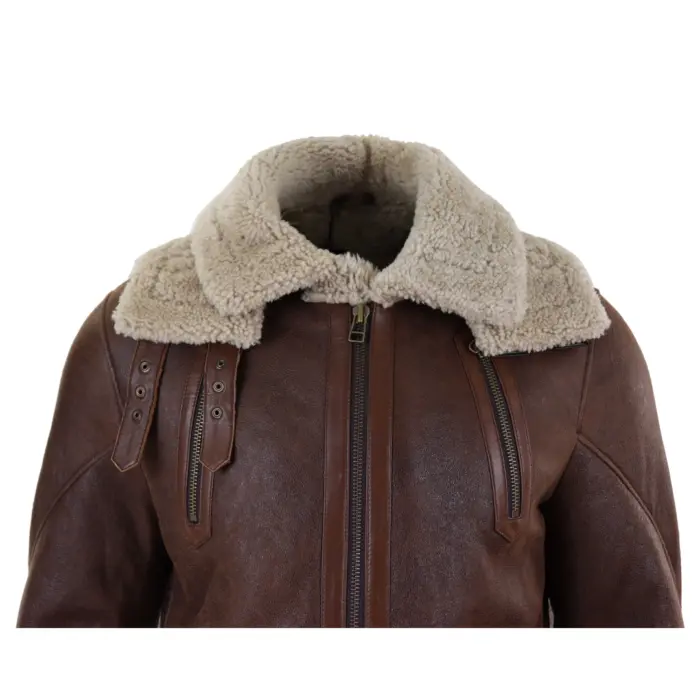 Mens Real 3/4 Shearling Sheepskin Jacket Brown Beige Long Belt Flying Cockpit - Image 2