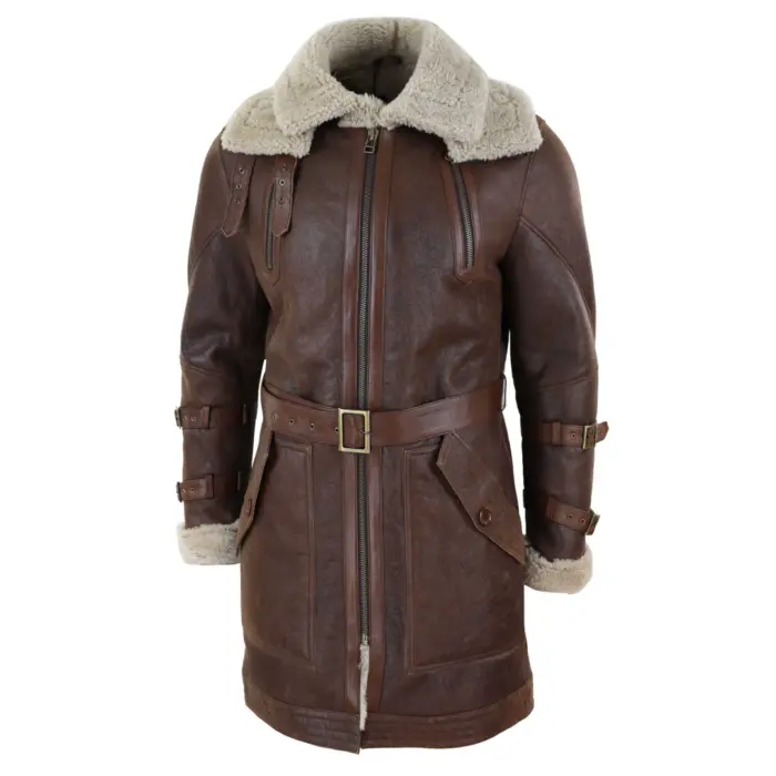 Mens Real 3/4 Shearling Sheepskin Jacket Brown Beige Long Belt Flying Cockpit - Image 7