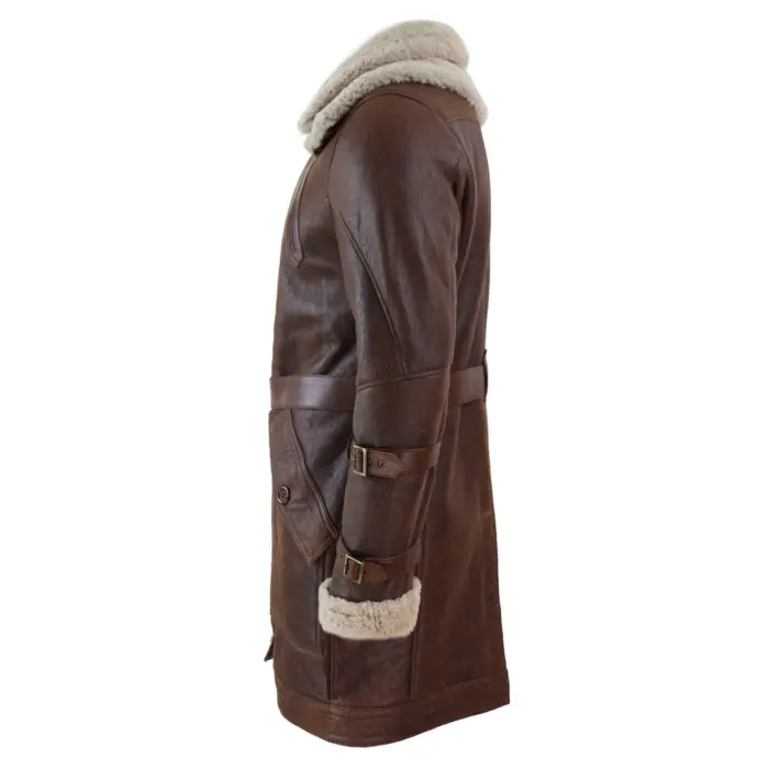 Mens Real 3/4 Shearling Sheepskin Jacket Brown Beige Long Belt Flying Cockpit - Image 6
