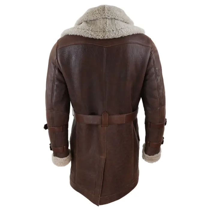 Mens Real 3/4 Shearling Sheepskin Jacket Brown Beige Long Belt Flying Cockpit - Image 5