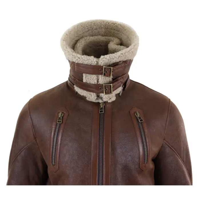 Mens Real 3/4 Shearling Sheepskin Jacket Brown Beige Long Belt Flying Cockpit - Image 4