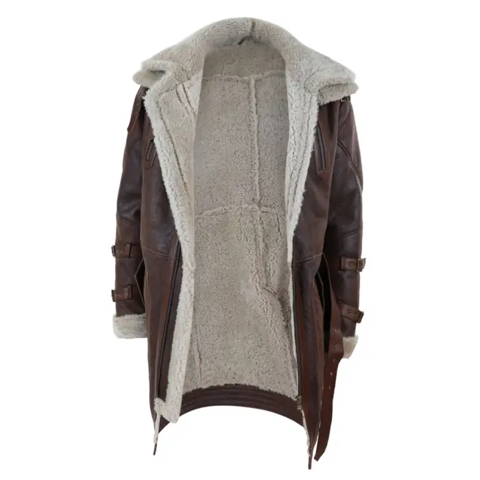 Mens Real 3/4 Shearling Sheepskin Jacket Brown Beige Long Belt Flying Cockpit - Image 3