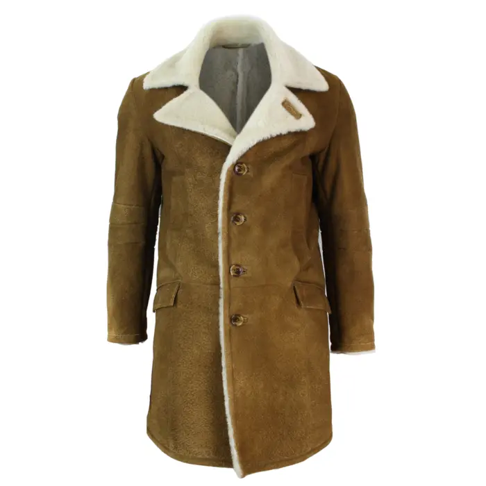 Mens Sherling Sheepskin Tan Brown Crombi 3/4 Overcoat Vintage Retro Winter Warm - Image 1