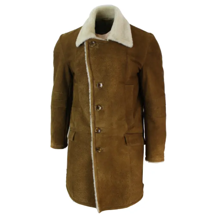 Mens Sherling Sheepskin Tan Brown Crombi 3/4 Overcoat Vintage Retro Winter Warm - Image 2